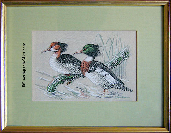 J & J Cash woven picture of a bird, with no words, but image of a Red Breasted Merganser