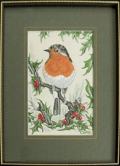J & J Cash woven picture of a Robin on a holly branch