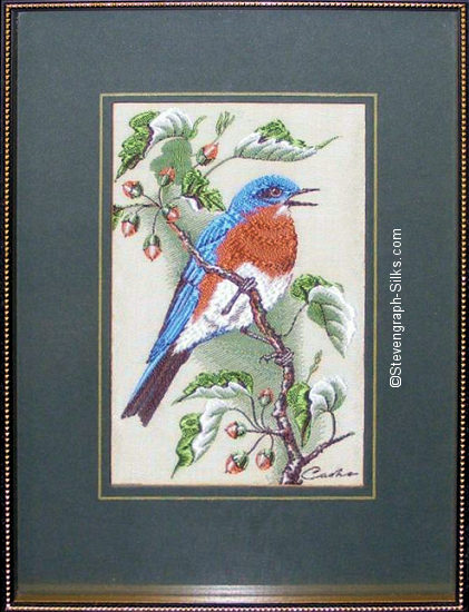 J & J Cash woven picture of a bird, with no words, but image of an Eastern Bluebird