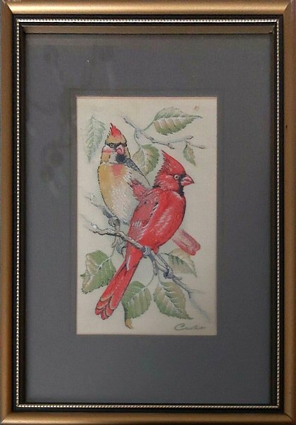 J & J Cash woven picture of a pair of birds, with no words, but image of a pair of Cardinal