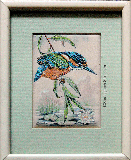 J & J Cash woven picture of a bird, with no words, but image of a Kingfisher