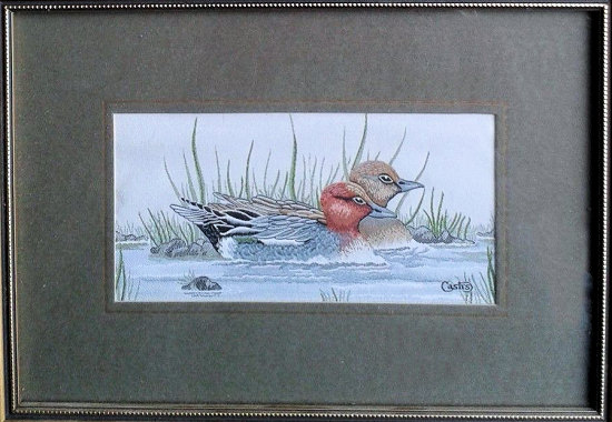 J & J Cash woven picture of a bird, with no words, but image of a pair of Widgeon