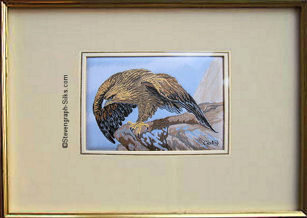 J & J Cash woven picture of a bird, with no words, but image of a Golden Eagle