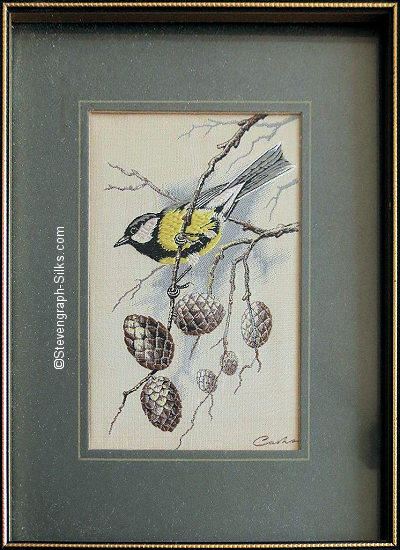 J & J Cash woven picture of a bird, with no words, but image of a Great Tit
