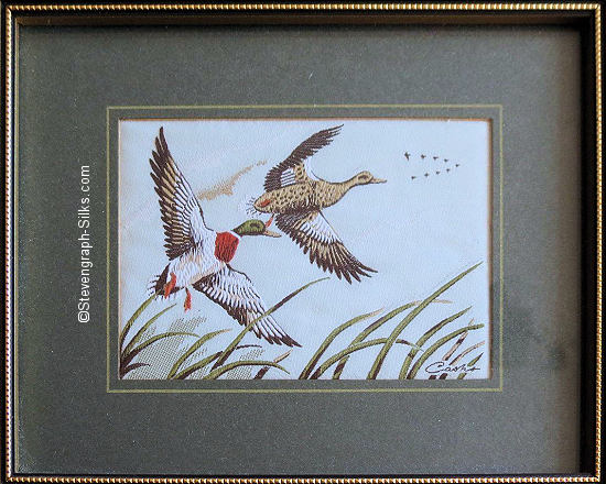 J & J Cash woven picture of a bird, with no words, but image of Mallard in flight