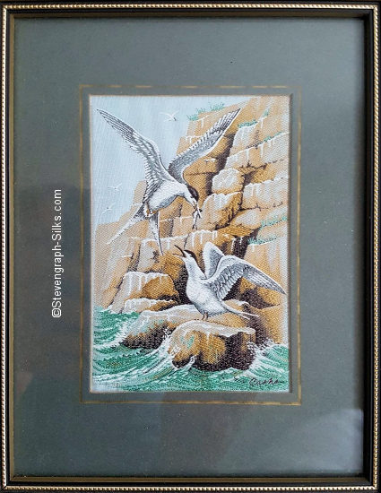 J & J Cash woven picture of a bird, with no words, but image of a pair of Common Tern
