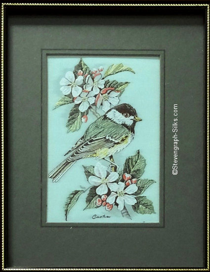 J & J Cash woven picture of a bird, with no words, but image of a Black Capped Chickadee