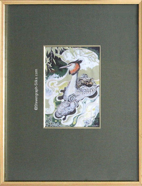J & J Cash woven picture with no title word, but image of a Great Crested Grebe