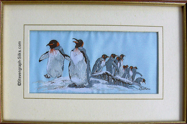 J & J Cash woven picture with image of a group of King Penguin