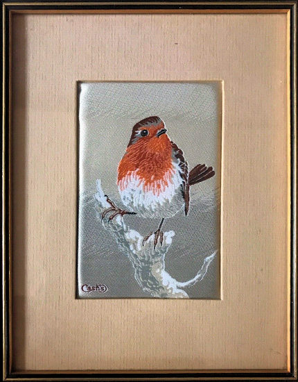 J & J Cash woven picture of a Robin on a snow covered branch