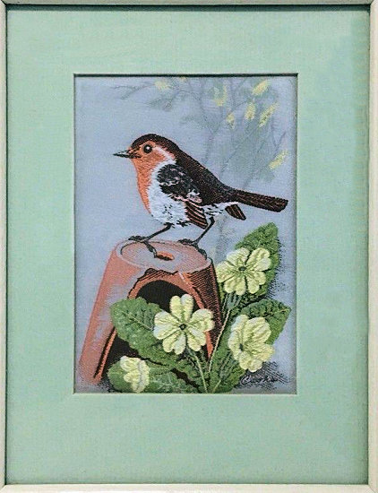J & J Cash woven picture of a Robin on a plant pot