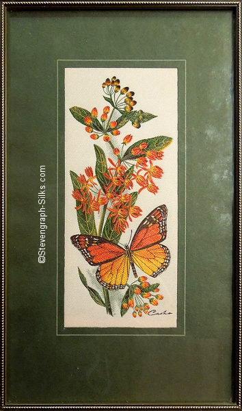 J & J Cash woven picture with no words, but image of a Monarch (or Milkweed) butterfly & Butterfly Weed