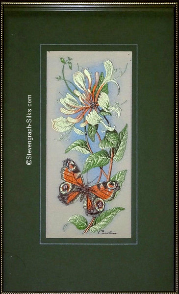 J & J Cash woven picture with no words, but image of a Peacock butterfly & Honeysuckle