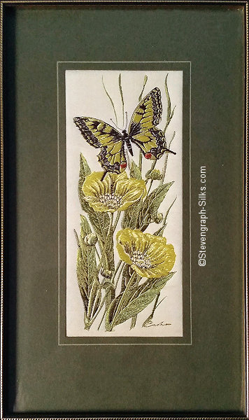 J & J Cash woven picture with no words, but image of a Swallowtail butterfly & Great Spearwart