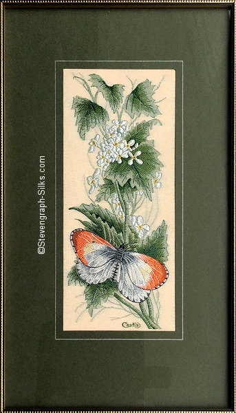J & J Cash woven picture with no words, but image of a Orange Tip butterfly & Nettle flowers
