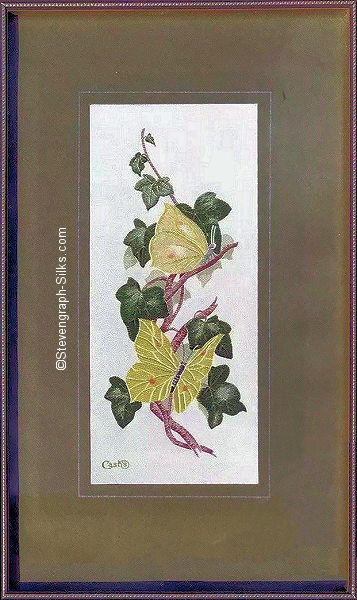 J & J Cash woven picture with no words, but image of a Brimstone butterfly and Ivy leaves