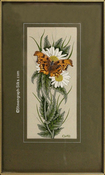 J & J Cash woven picture with no words, but image of a Comma butterfly and Daisy flowers