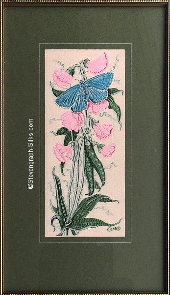 J & J Cash woven picture with no words, but image of a Common Blue butterfly and Sweet Pea flowers