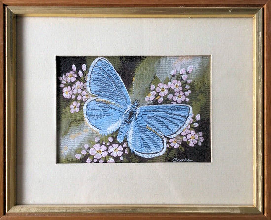 J & J Cash woven picture with no words, but image of a Common Blue butterfly & purple flowers