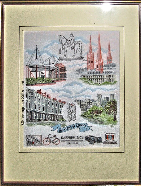 J & J Cash woven picture with various scenes of Coventry and words advertising the firm of Chartered Accountants