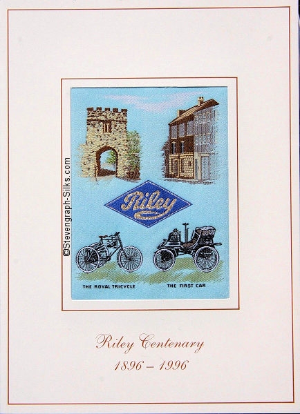 J & J Cash woven picture with two scenes of Coventry, two old motor cars, and the RILEY name