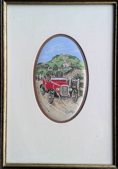 J & J Cash small oval centred woven picture with image of a red motor car
