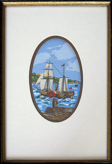 J & J Cash small oval centred woven picture with image of a paddle steamer with sails