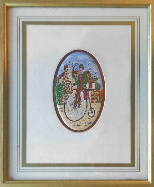 J & J Cash small oval centred woven picture with image of a penny farthing bicycle