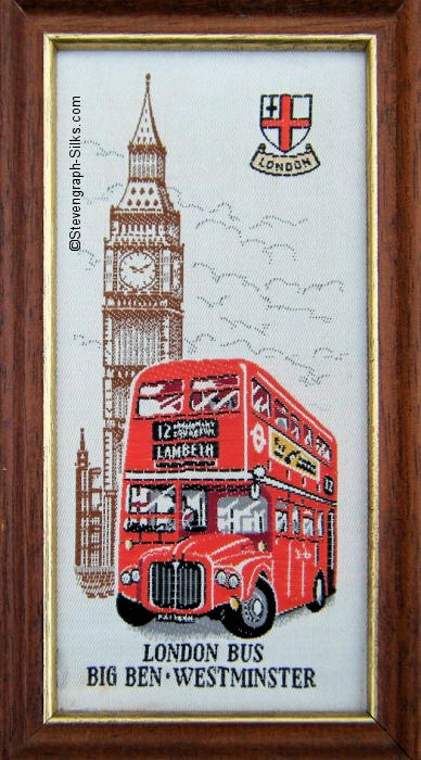 J & J Cash woven picture with image of a London red bus