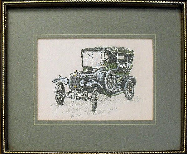 J & J Cash woven picture with image of an early Ford Model 'T' car