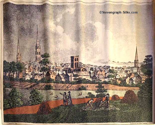J & J Cash woven picture with printed view overlooking Coventry in 1780