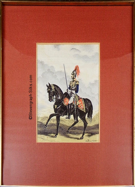 J & J Cash woven picture with no words, but image of Officer of the Royal Horse Guards (The Blues)