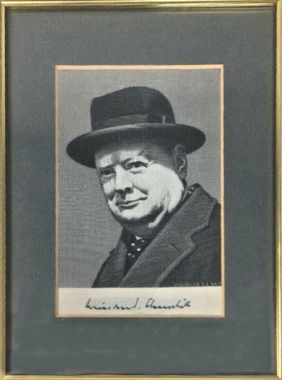 J & J Cash woven picture with portrait of Winston Churchall, and his signature