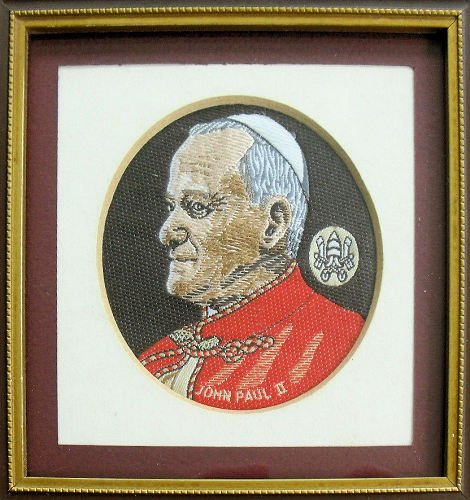 J & J Cash woven picture of His Holiness Pope John Paul II facing left
