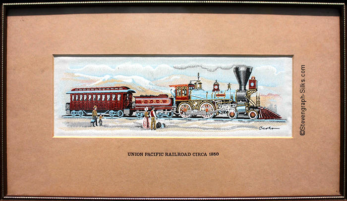 J & J Cash woven picture with title words of Union Pacific Railroad circa 1850