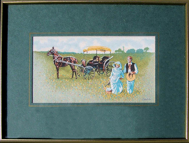 J & J Cash woven picture with image of an American gig with one horse, and a couple walking in the meadow