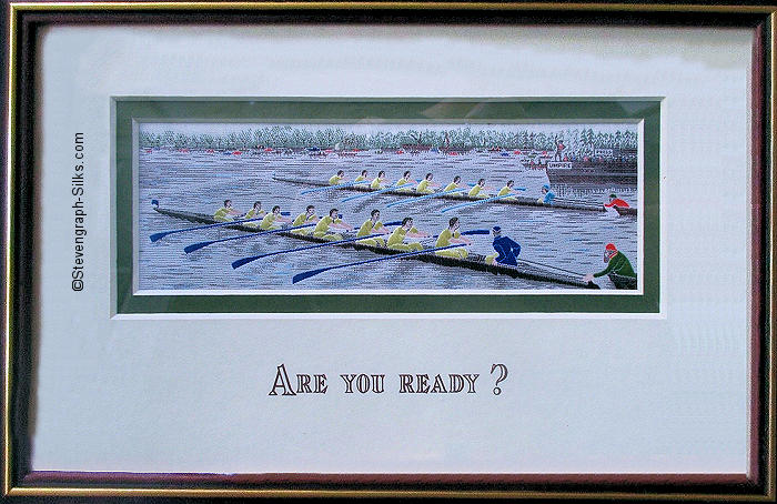 J & J Cash woven picture with Are You Ready? title words, and image of Oxford and Cambridge boat race start