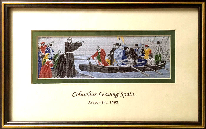 J & J Cash woven picture with Columbus Leaving Spain title words, and image of a priest blessing Columbus and his men as they leave