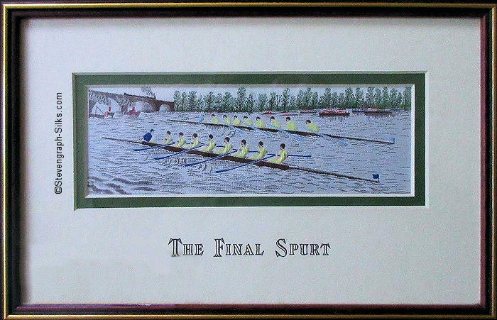 J & J Cash woven picture with The Final Spurt title words, and image of Oxford and Cambridge boat race finish