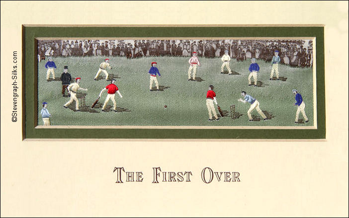 J & J Cash woven picture with The First Over title words, and image of a cricket match