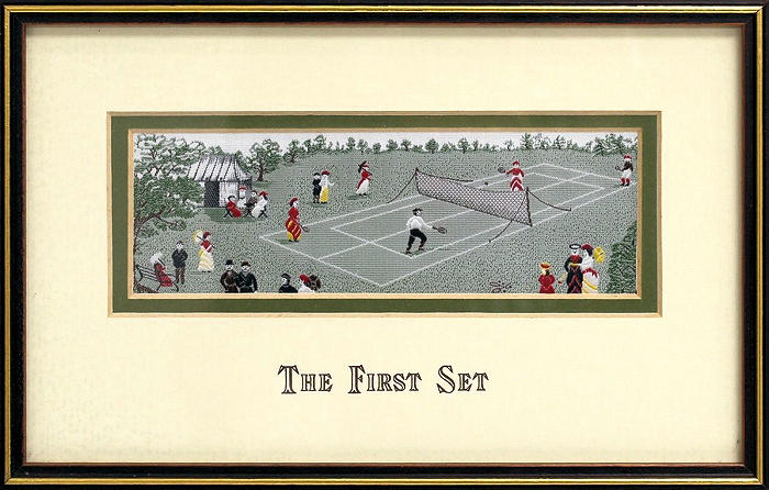 J & J Cash woven picture with The First Set title words, and image of a tennis match