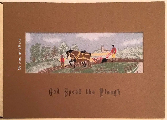 J & J Cash woven picture to celebrate their 150 years, with God Speed the Plough title words, and image of a farmer and a young boy with a horse drawn plough