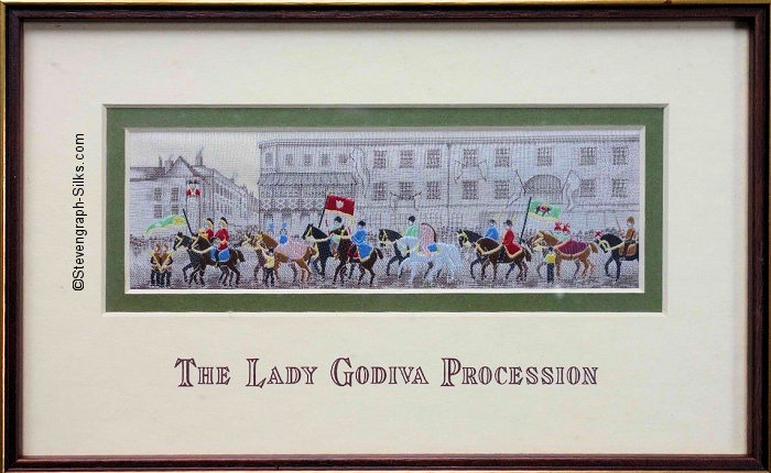 J & J Cash woven picture with The Lady Godiva Procession title words, and image of a procession through the streets of Coventry