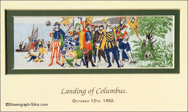 J & J Cash woven picture with Landing of Columbus title words, and image of Columbus and his men landing on the beach