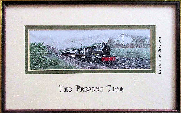 J & J Cash woven picture with The Present Time title words, and image of a steam engine and carriages