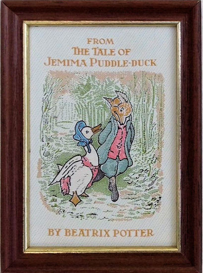 J & J Cash woven picture with title of From the Tale of . . . Jemima Puddle-duck