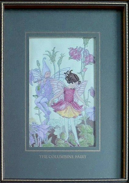 J & J Cash woven picture with COLUMBINE FAIRY title and image of a pink fairy