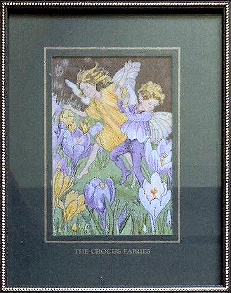 J & J Cash woven picture with CROCUS FAIRIES title and image of yellow and purple fairies