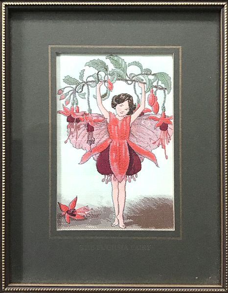 J & J Cash woven picture with Fuchsia Fairy title and image of a red fairy