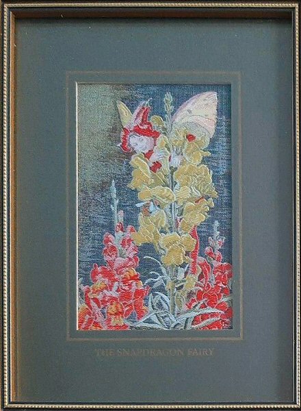J & J Cash woven picture with SNAPDRAGON FAIRY title and image of a red and yellow fairy